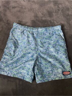 Vineyard Vines Blue & Green Fish-Pattern Swim Shorts